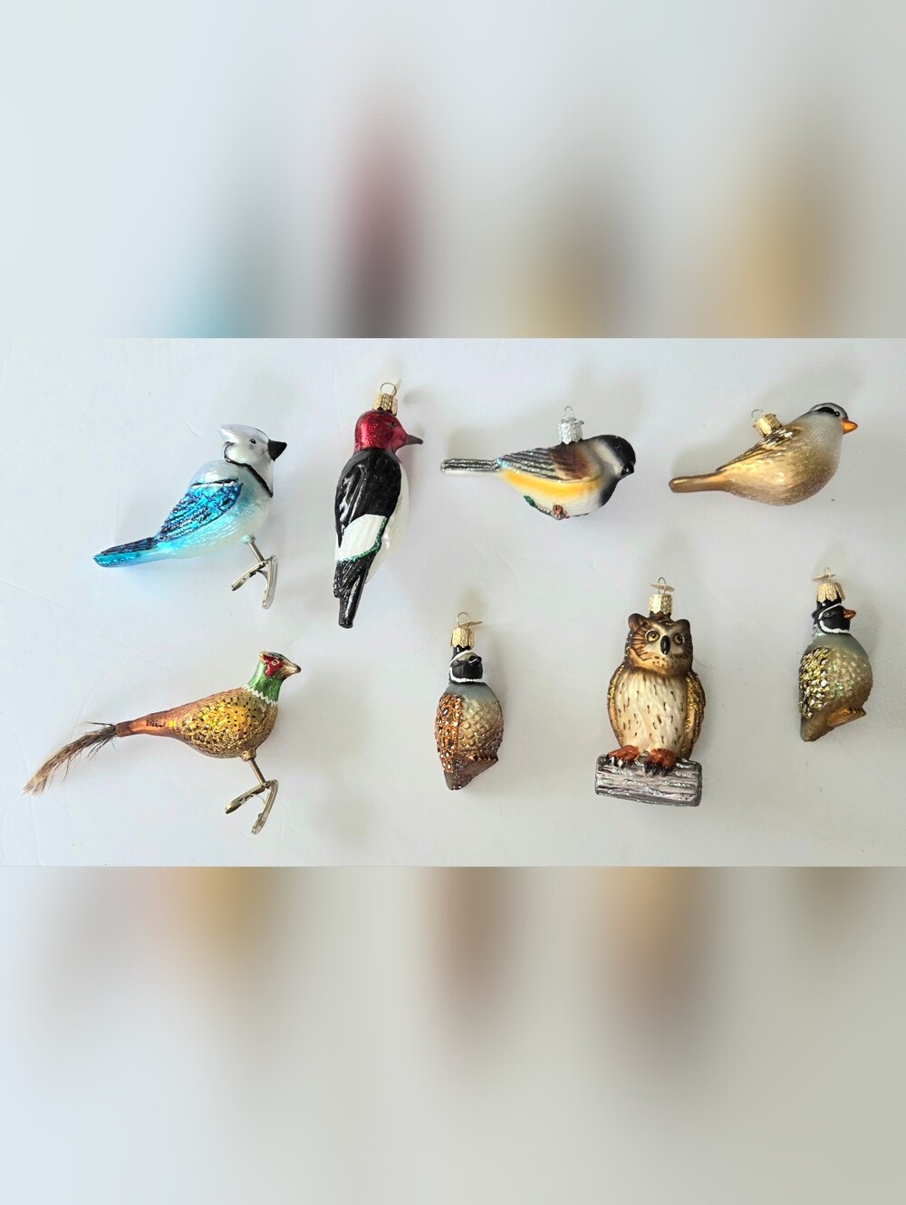 8 OLD WORLD GLASS BIRD ORNAMENTS, BOTH HANGING AND CLIP ON, CHRISTMAS, HOLIDAY